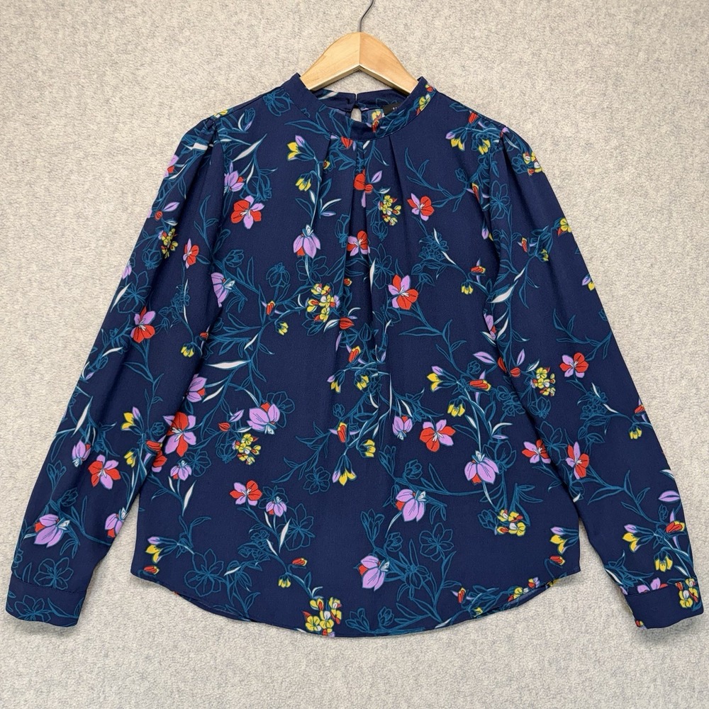 Halogen Women's Floral Mock Neck Blouse Long Sleeve Keyhole Back Navy Size M